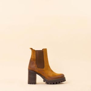 High heeled boots cognac met elastiek zij