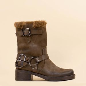 Halfhoge boots Pelle Nubuck bruin fur met siergesp zij