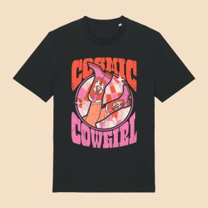 Moonrise Ladies black western tees cosmic cowgirl front